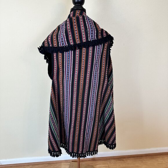 Handwoven Multicolor Striped Womens Vest Medium Poncho Fringe Ehnic Boho Cotton - Picture 4 of 7